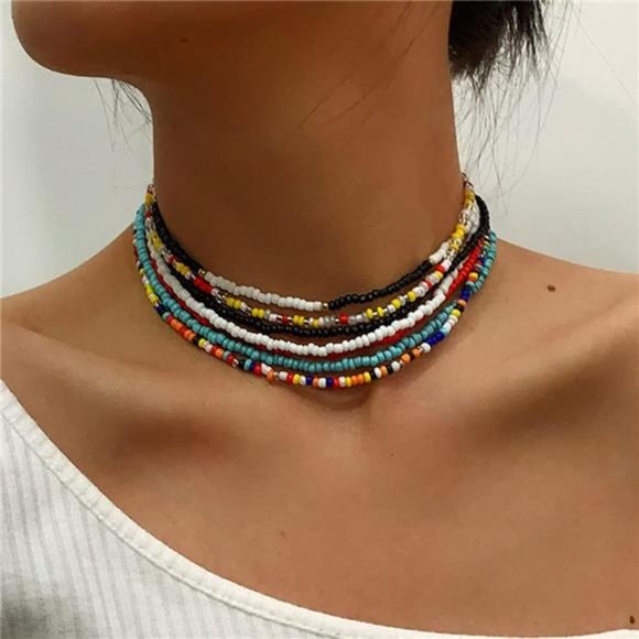 Jewelry - Boho Layered Beaded Necklaces Colorful Beads Choker Necklace Handmade  (7PCS)